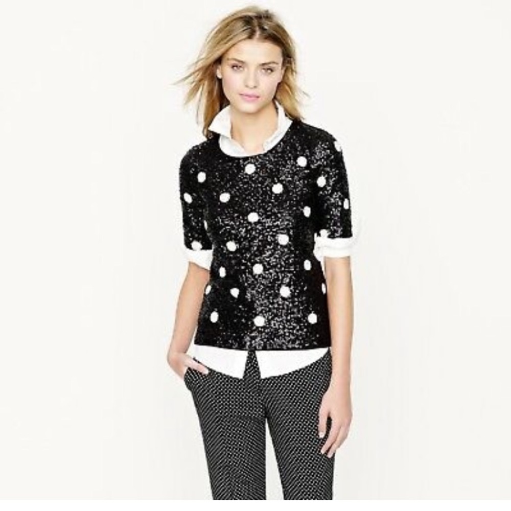 J Crew Sequined black and white polka dot top
